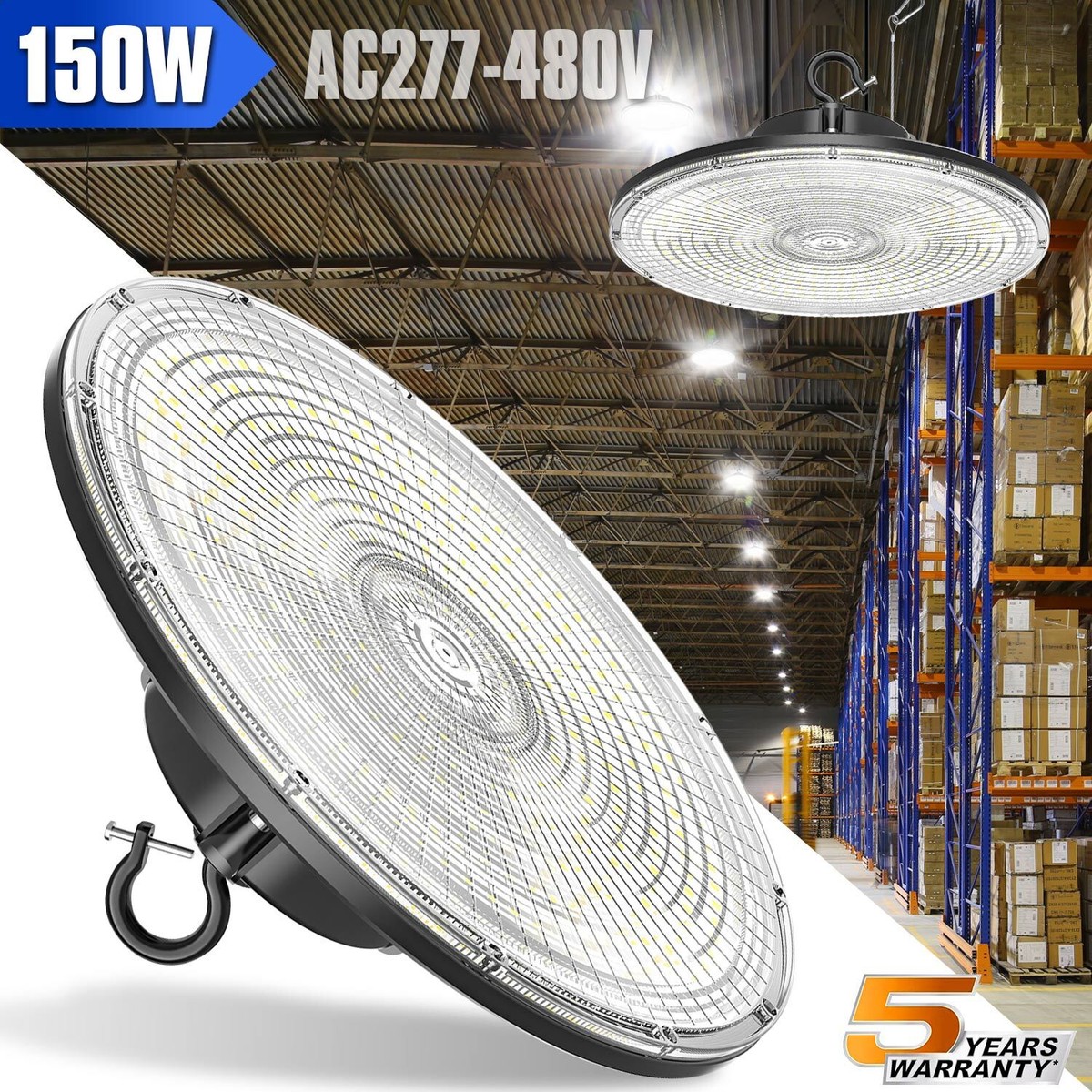 150W UFO LED High Bay Light - 480V Commercial Warehouse Light 5000K Daylight