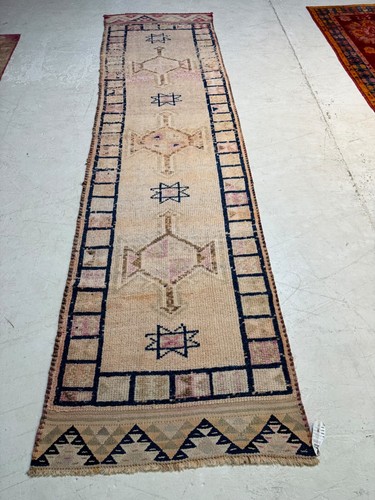 Oriental Hand-Knotted Wool Runner Turkish Oushak Ivory/Blue/Brown 3' x 11'4"