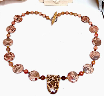 WONDERFUL Artisan Hand-Crafted Sterling Silver & LeopardSkin Jasper 30  Necklace