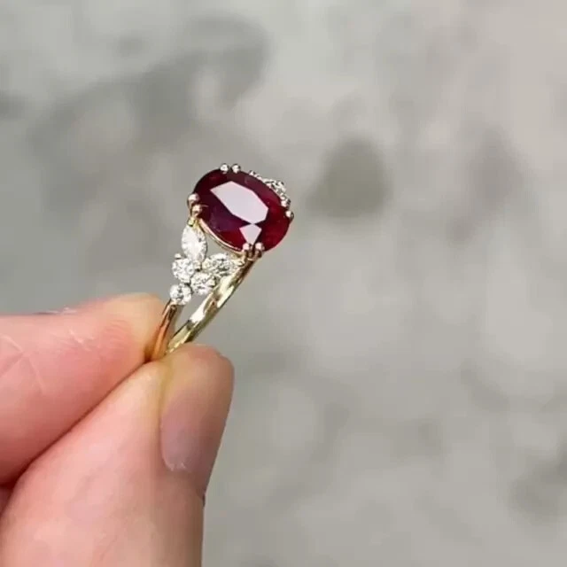 2Ct Oval Cut Lab Created Red Ruby Solitaire Women's Ring 14K Yellow Gold Plated - Image 2 of 4