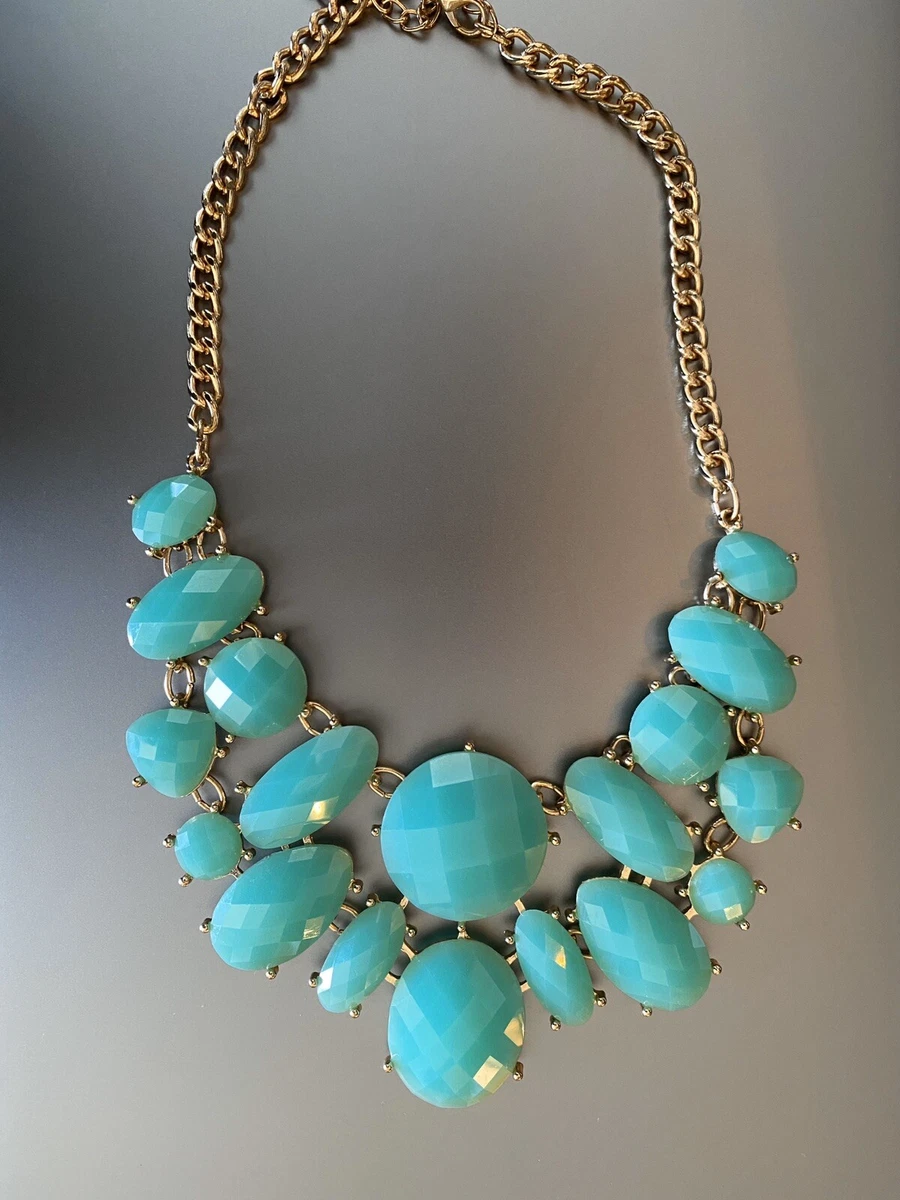 Chunky Statement Necklace Blue & Gold Color Bib Faux Jewels 20” Costume  Jewelry