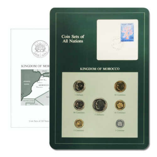 Morocco Type Set &amp; Postal Cache 7 Coins BU Descriptive Card