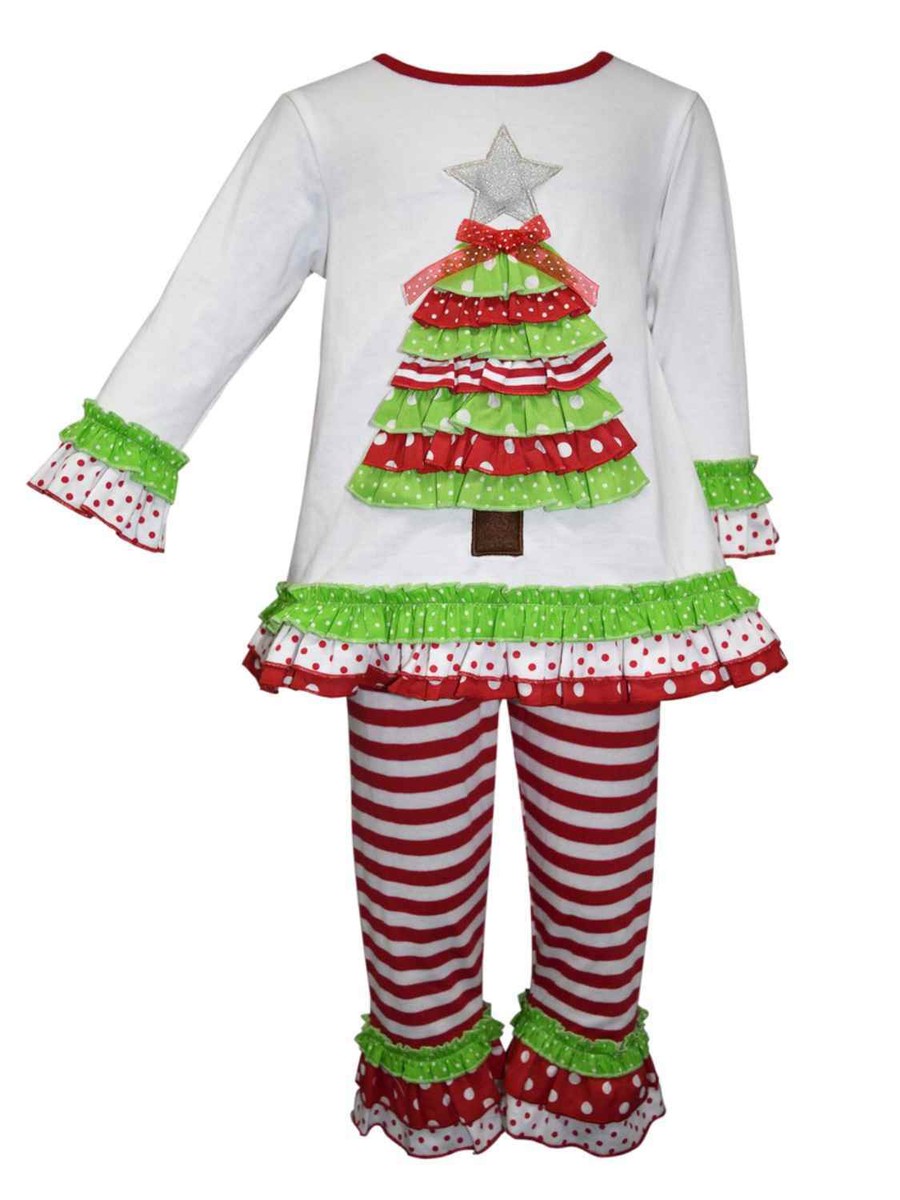 Blueberi Toddler Girls Green Red Ruffle Christmas Tree Dress Shirt & Striped Pants, White