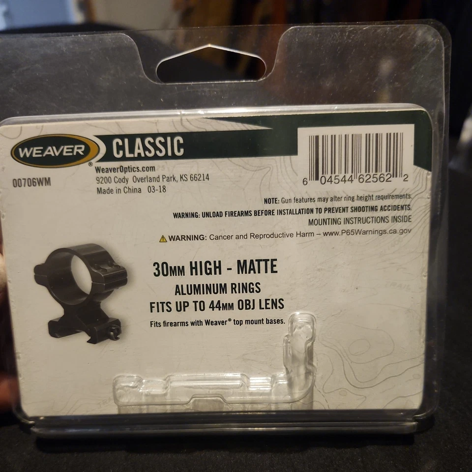 Anillos de montaje de mira telescópica clásicos WEAVER anillos de aluminio mate de 30 mm de alto 00706WM, NUEVOS Foto 2 de 2