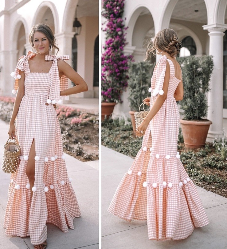 Sundress Brand Peach Gingham Maxi Dress With Pom Pom XS/S Coastal Preppy-image