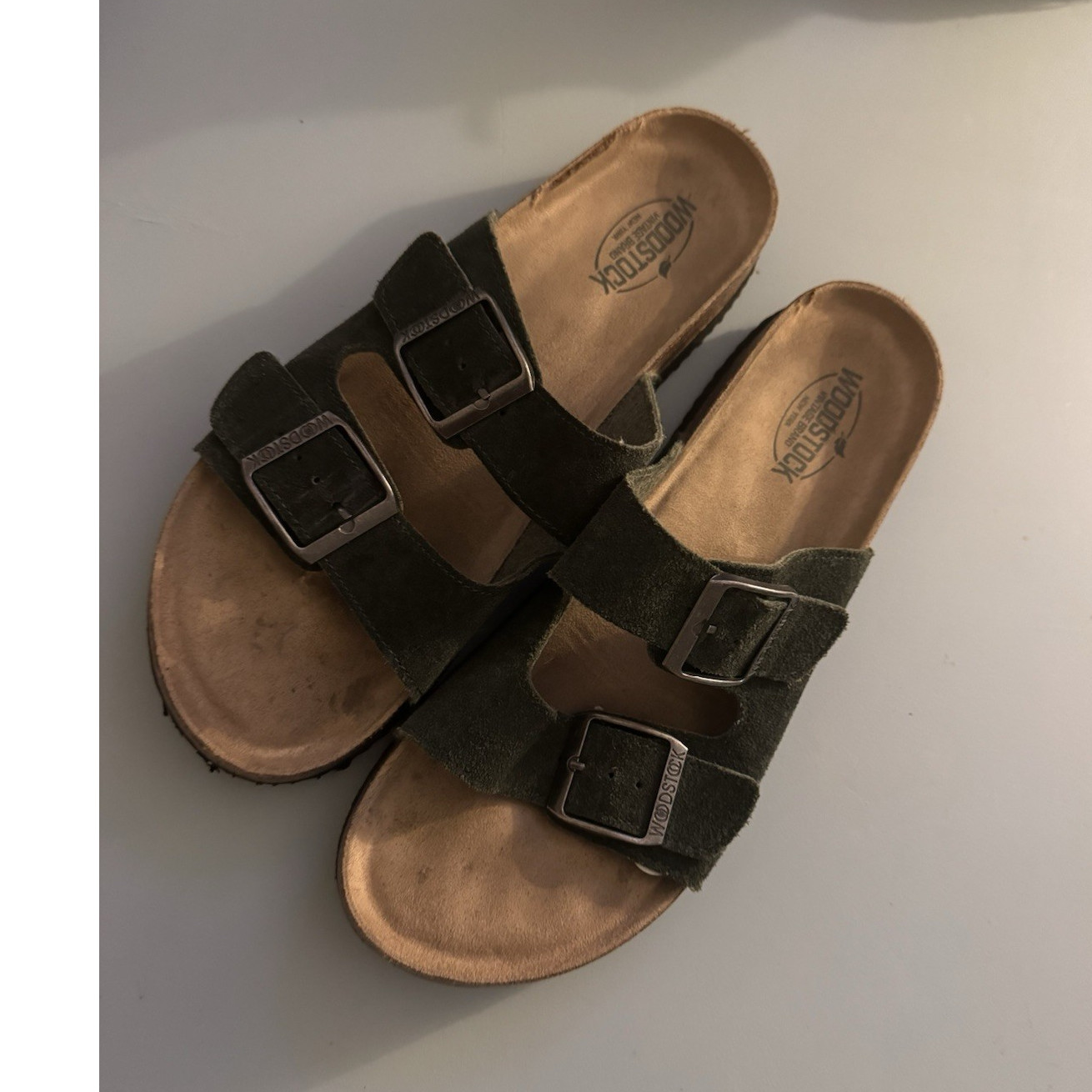 Woodstock Womens Dark Green Suede Slide Sandals Buckle Adjustable Strap 11.5