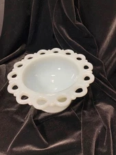 Anchor Hocking Old Colony Open Lace Milk Glass Compote Pedestal Bowl MCM