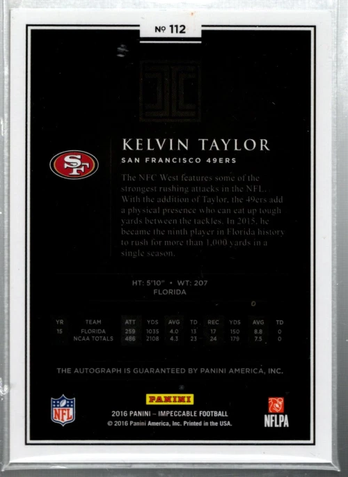 B6456- 2016 Panini Impeccable #112 Kelvin Taylor RC Auto /99 - NM-MT (ROOKIE) - Image 2 of 2