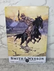 Vintage Replica Tin Metal Sign Smith Wesson Gun Revolver Ammo Cowboy Hat Hang