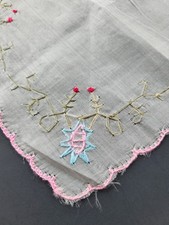 Vintage Ladies Hankie Embroidered White Silk Floral