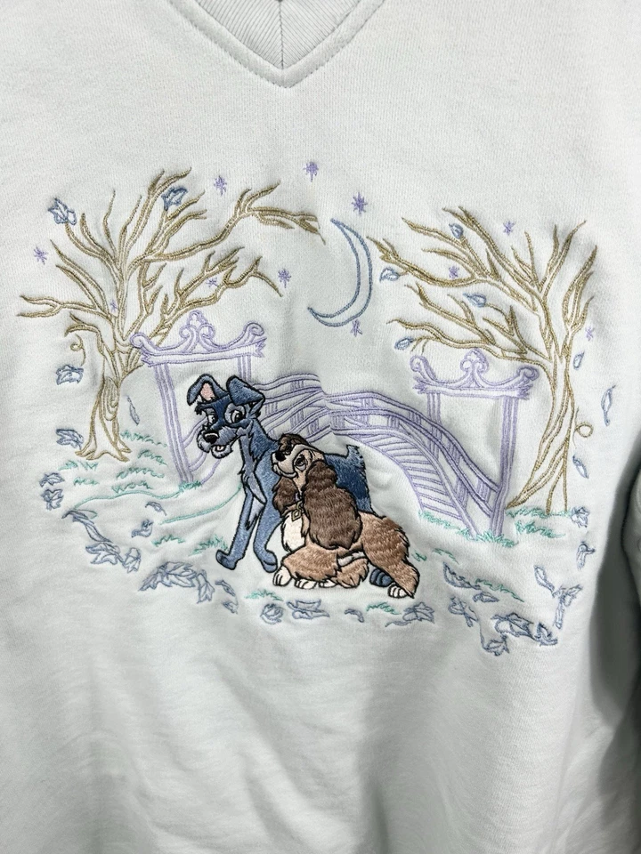 Lady & The Tramp Sweatshirt Women’s XXL Embroidered All Over VTG Disney RARE - Image 3 of 4