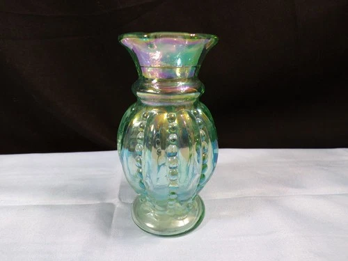 Fenton Green Iridescent Glass Small Beaded Melon Vase 4 1/4" Tall