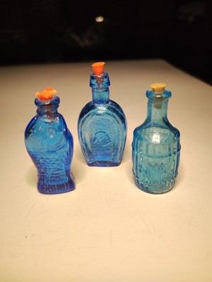 VTG Mini Fischs, Horseshoe, Root Bitters Lot Of 3 Blue Glass Bottles W/ Corks