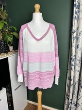 Pink  White Cotton Knit Top   Long Sleeve   Fits UK 14  16 E33
