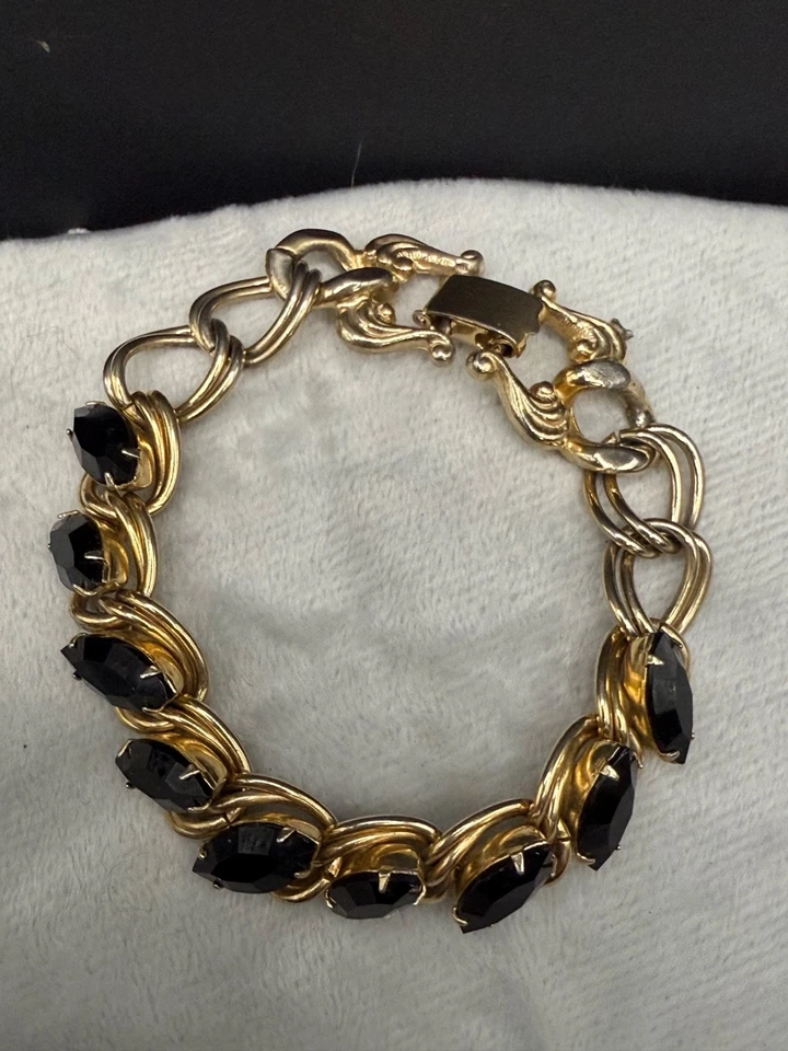 "Pulsera vintage estrás negro tono dorado talla 7""" Foto 2 de 4