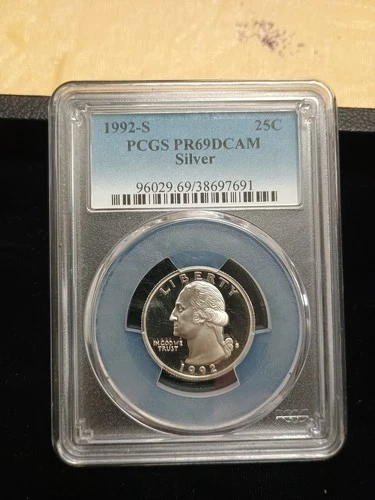 1992-S Silver Washington Quarter- PCGS PR69 DCAM-Fading Blue Label.