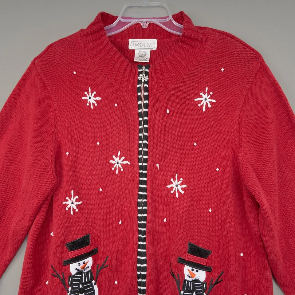 Suéter de Navidad Talla XXL Rojo Algodón Ramie Cárdigan Muñeco de Nieve Mandal Bay Foto 2 de 4