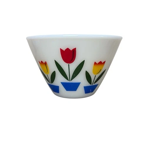 Vintage Fire King Oven Ware Tulip Flower Milk Glass Mixing Nesting Bowl  6.5 Dia