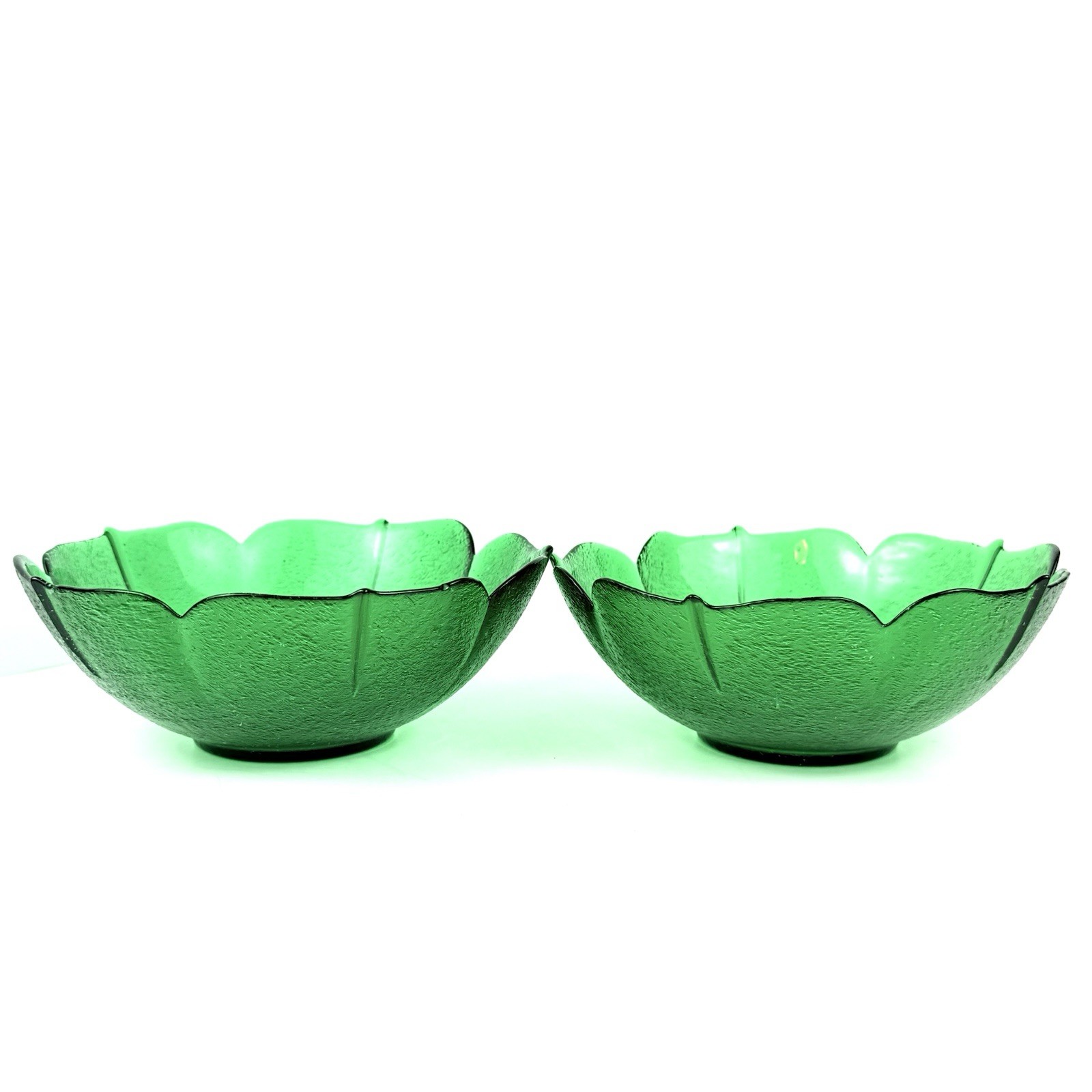 Vintage Green Frosted Glass Fruit Veggie Serving Bowl Set of 2 Mid Century Modern 7x2.5 Inches