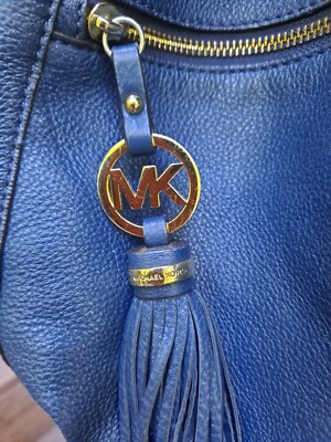 Michael Kors Hobo Blue Pebble Leather MK Medallion Tassel Gold