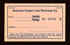 Atlantic Coast Line Railroad Valuable Package Shipping Label - Light Pink Paper