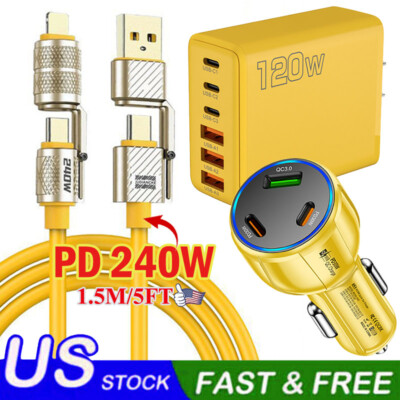 240W 6-Port USB C Fast Wall Charger Block ,PD 5FT Cable For All Cell Phone iPad
