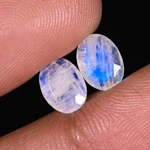 Rainbow Moonstone Pair 8x6mm Faceted Cabochon Loose Gemstones, Natural 2.15 Ct - Picture 2 of 6