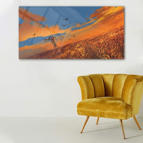 Glasbilder Wandbild Druck auf Glas 140x70 Feld Vogelscheuche Sonnenuntergangs - Bild 2 von 5