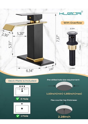 Waterfall Bathroom Faucets 1 Hole Single Handle, Matte Black & Shiny Gold - Picture 5 of 9