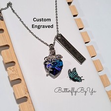 Blue Butterfly Heart Cremation Necklace, Urn, Memorial, Keepsake, Love, Ashes
