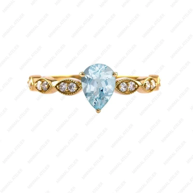 Anel de água-marinha e moissanita corte pera, prata 925 folheado a ouro presente para casamento - Imagem 2 de 4