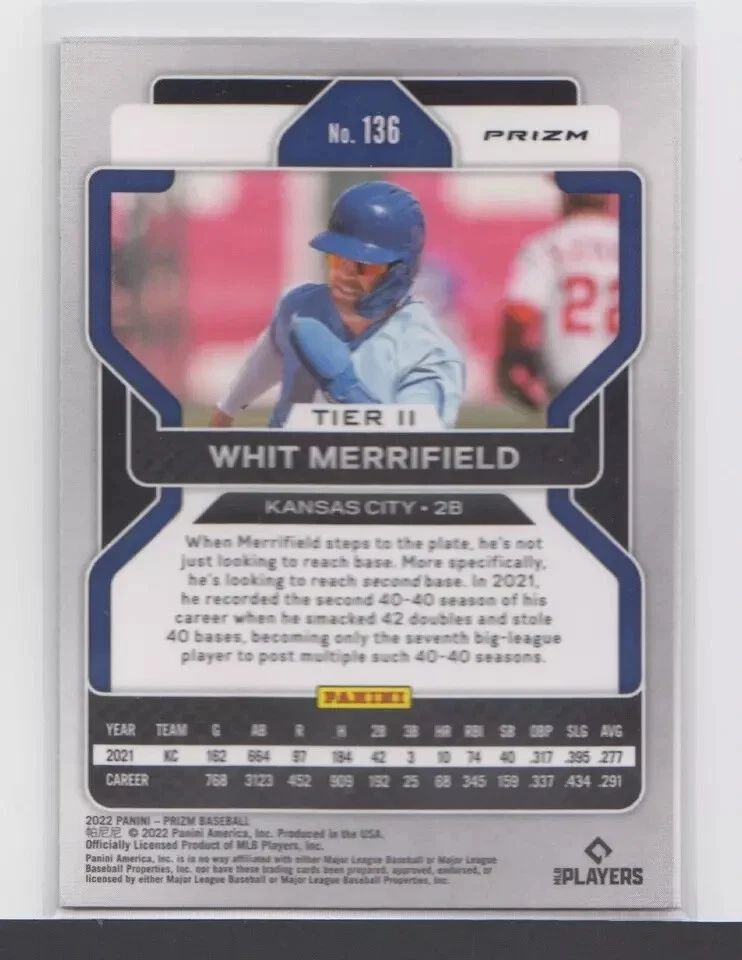 WHIT MERRIFIELD : MLB - 2022 - PANINI WHITE WAVE PRIZM  - CARD No # 136 - Image 2 of 2