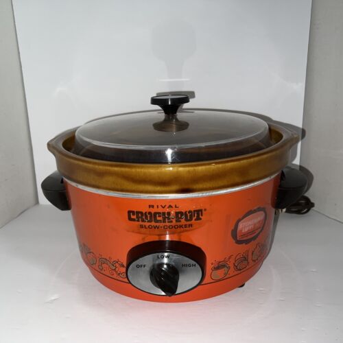 Vintage Rival Crock Pot 3350/2 Vintage Blood Orange Food Pattern USA Sedalia, MO