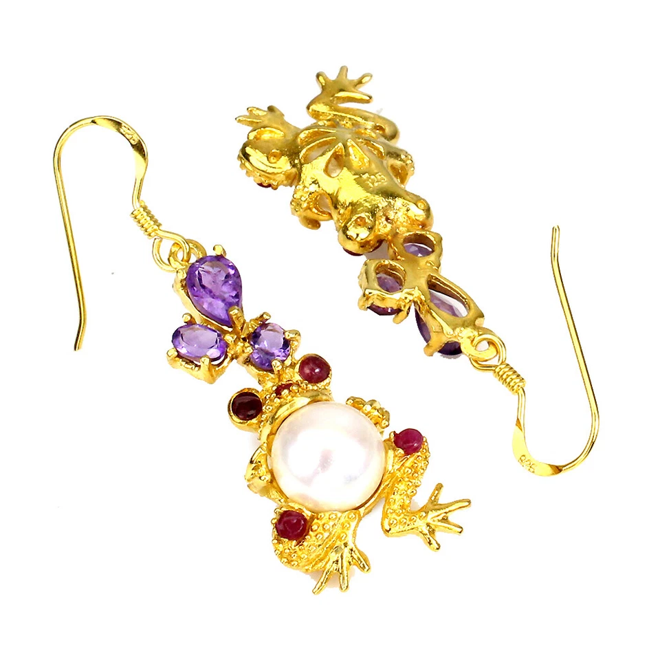 925 Sterling Silver Earrings Pear Amethyst Ruby Pearl Frog Gemstone Jewelry - Image 3 of 4