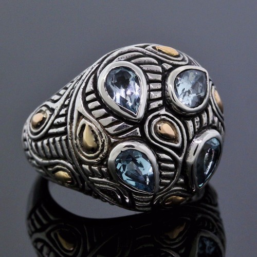 Bali Design Jewelry 925 Sterling Silver 18K Yellow Gold Blue Topaz Mosaic Ring - 第 1/3 張圖片