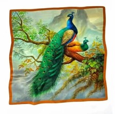 27"X27"Green Peacock Print Pure Mulberry Satin Silk 12momme Scarf 68x68cm 5-37