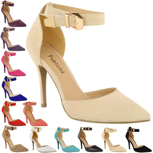 LADIES WOMENS HIGH HEEL POINT TOE STILETTO SANDALS ANKLE STRAP COURT SHOES SIZE - Picture 6 of 49