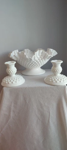 Fenton Hobnail Milk Glass Vintage Fruit Flower Bowl Vase And 2 Matching  Hobnail