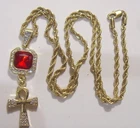 vintage gold tone metal rope chain faux ruby religious ankh cross necklace 54261