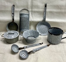 Vintage Miniature Toy Granite Children  s Cooking Pan Frying Pan Laddle Strainer