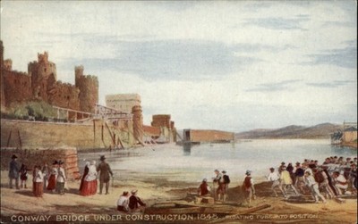 Conway Bridge Construction Wales vintage postcard c583