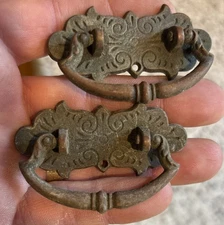 Pair Original Antique Vintage Victorian Cast Brass Drop Ring Drawer Pull Handle