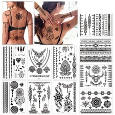 10 Sheets Henna Temporary Tattoo Black Art Stickers Lace Mehndi Body Transfers T