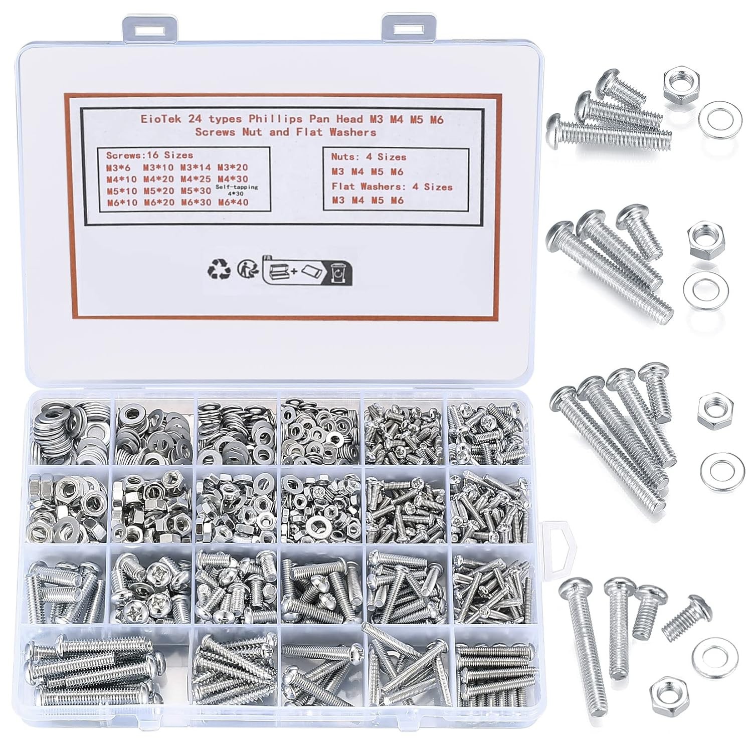 1080 Pcs Phillips Pan Head Screws and Nuts Washers Set, M3/M4/M5/M6 Flat Cross