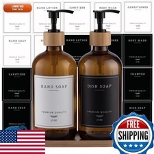 Amber Glass Soap Dispenser 14 Labels Pump Tray Refillable Kitchen Bathroom