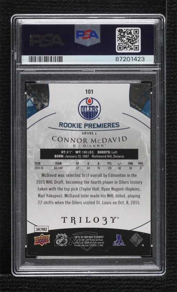 2015 Trilogy Premieres Blue Rainbow Foil Level 1 Connor McDavid PSA 8 Rookie RC - Image 2 of 2