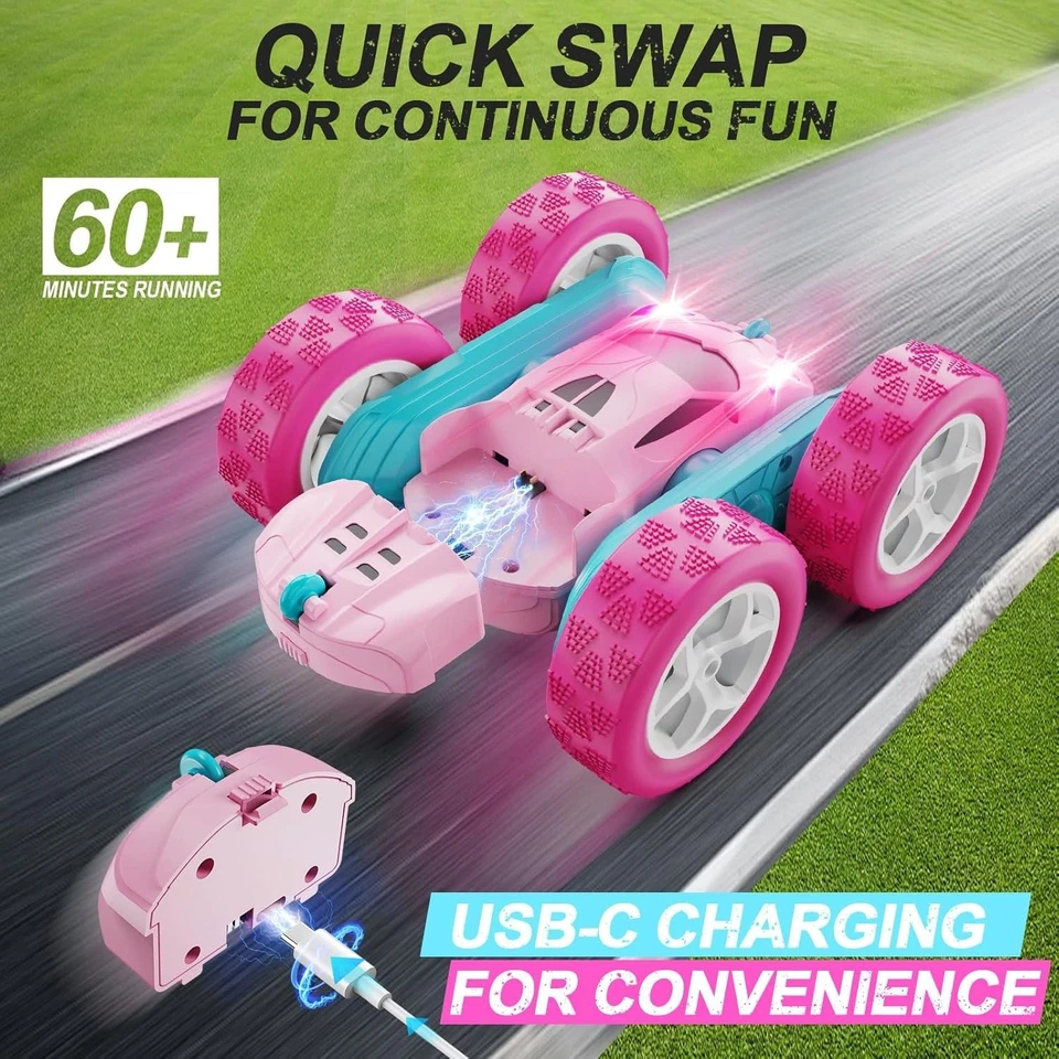 RC Car Pink Remote Control Car for Girls Stunt Car 360° Rotating Off-Road Toy - Image 4 of 4