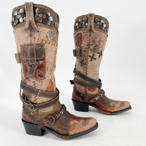 Double D Ranch Brown Tan Frontier Trapper Rustic Western Cowgirl Boot size 5