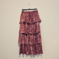 Altar'd State Pink Burgundy Floral Tiered Long Skirt Women XS Regular