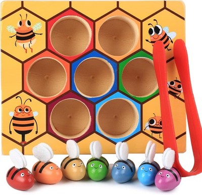 Toddler Fine Motor Skill Toy, Bee to Hive Matching Game, Montessori Wooden Color